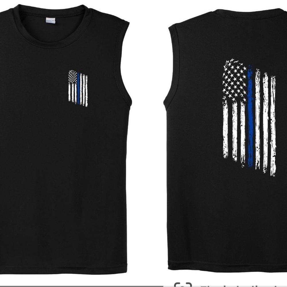 Thin Blue Line Tattered American Flag Police Sleeveless Shirt Size 4XL